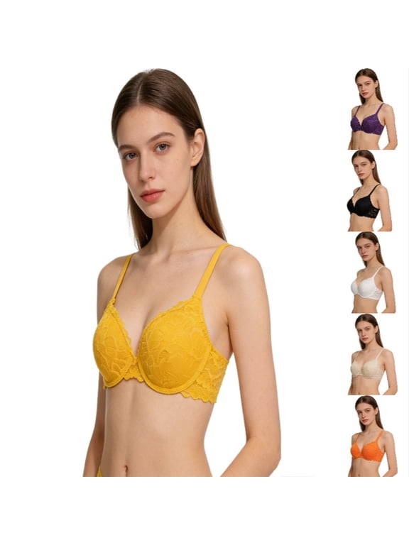 Xijirk Women Underwire Lace Bra Floral Lace Construction Adjustable Thin Straps Side Coverage Bra for Casual Daily Outings,Yellow,75B