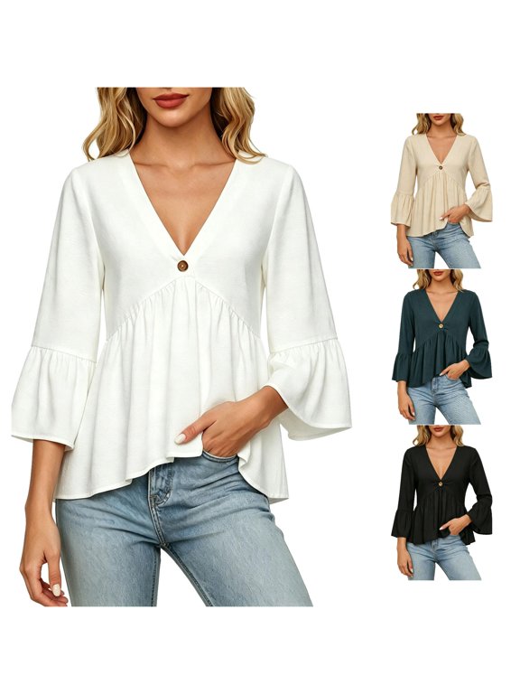 Xijirk Women V Neck Bell 3/4 Sleeve Blouse with Single Button Gathered Bust for Casual Daily Vacation Wear,S