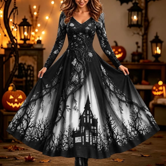 Xijirk Women V Neck Long Sleeve A Line Maxi Dress with Haunted Castle ...