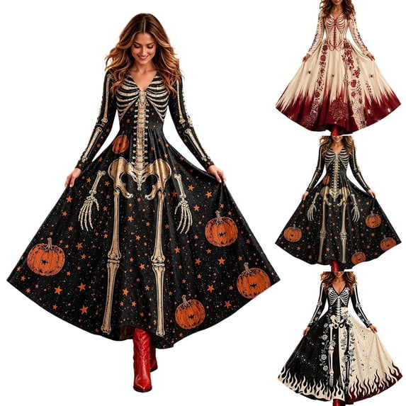 Xijirk Women V Neck Long Sleeve A Line Maxi Dress with Skeleton Corset Rose and Spider Print for Halloween Goth Costume Medieval Party Evening Wear