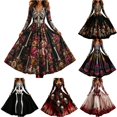 thumbnail image 1 of Xijirk Women V Neck Long Sleeve A Line Maxi Dress with Skeleton and Day of The Dead Floral Print for Halloween Goth Party Evening wear, 1 of 4
