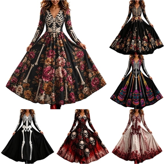 Xijirk Women V Neck Long Sleeve A Line Maxi Dress with Skeleton and Day of The Dead Floral Print for Halloween Goth Party Evening wear