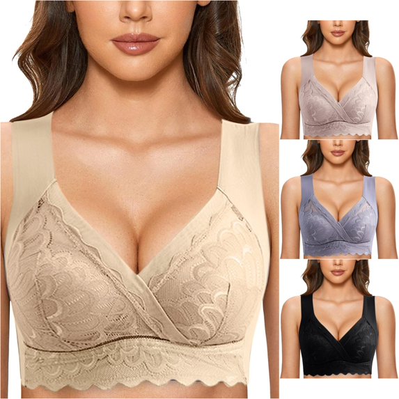 Xijirk Women V Neck Mesh Lace Bralette Wireless Soft Padded Wide Straps Breathable Comfort Everyday Bra,Beige,4XL