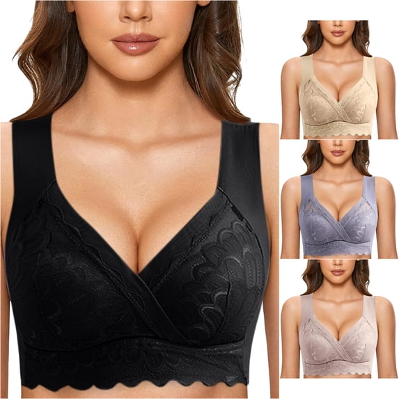 Xijirk Women V Neck Mesh Lace Bralette Wireless Soft Padded Wide Straps Breathable Comfort Everyday Bra,Black,XXL