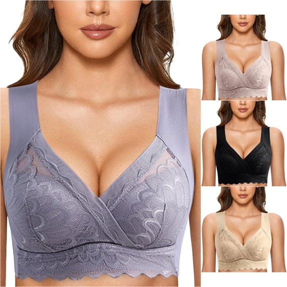 Xijirk Women V Neck Mesh Lace Bralette Wireless Soft Padded Wide Straps Breathable Comfort Everyday Bra,Grey,4XL
