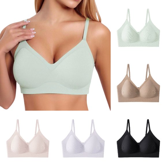 Xijirk Women V‑neck Ribbed Camisole‑style Bra with Slim Adjustable Shoulder Loops Stretchy Main Body Soft Wireless Build for Daily Outfit,1Green,M