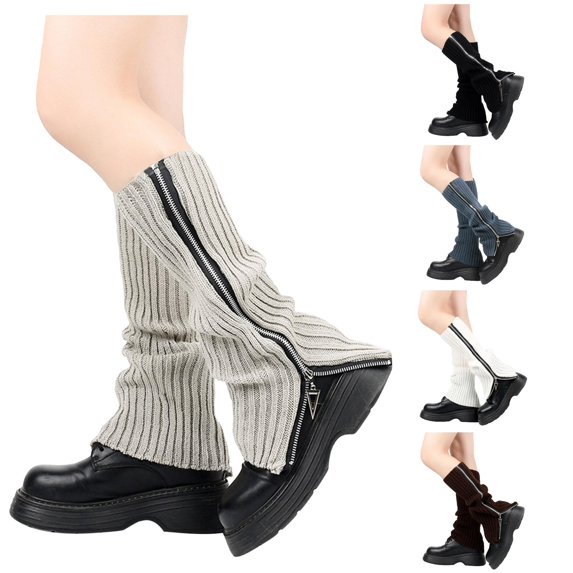 Xijirk Women Vertical Rib Knit Leg Warmers Dual Side Zipper Slouch Calf Y2K Street Fashion Accessories Beige,One Size