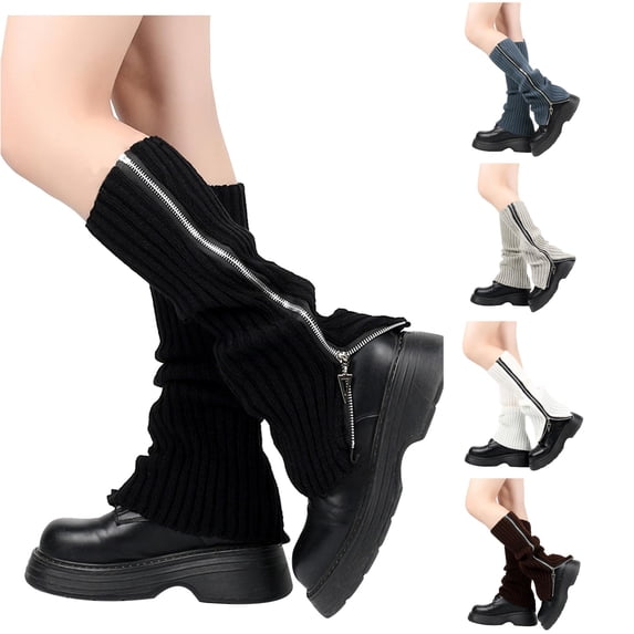 Xijirk Women Vertical Rib Knit Leg Warmers Dual Side Zipper Slouch Calf Y2K Street Fashion Accessories Black,One Size