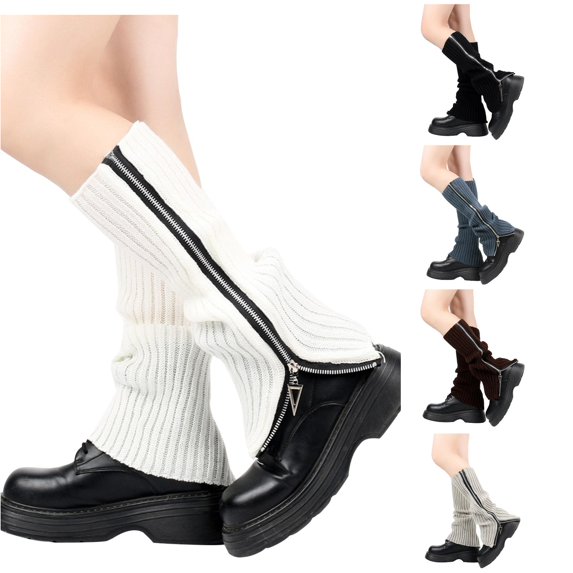 Xijirk Women Vertical Rib Knit Leg Warmers Dual Side Zipper Slouch Calf Y2K Street Fashion Accessories White,One Size