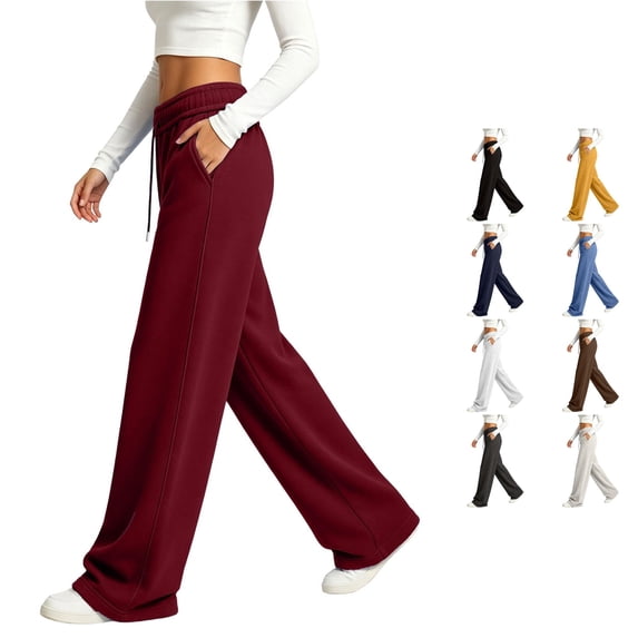 Xijirk Women Wide Leg Sweatpants High Waist Drawstring Trousers with Side Pockets Soft Casual Loose Fit Pants for Daily Walking Street Outfit,Red,M