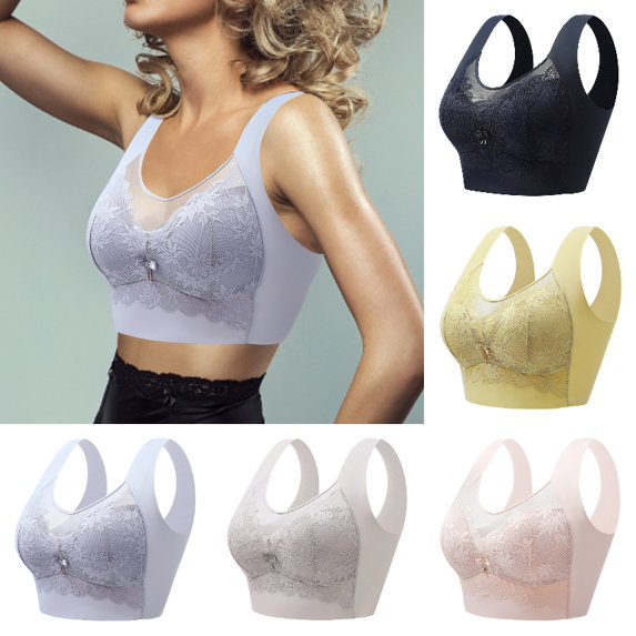 Xijirk Women Wireless Floral Lace Mesh Bra with Wide Vest Straps for Everyday Comfort Wear,Light Blue,XL