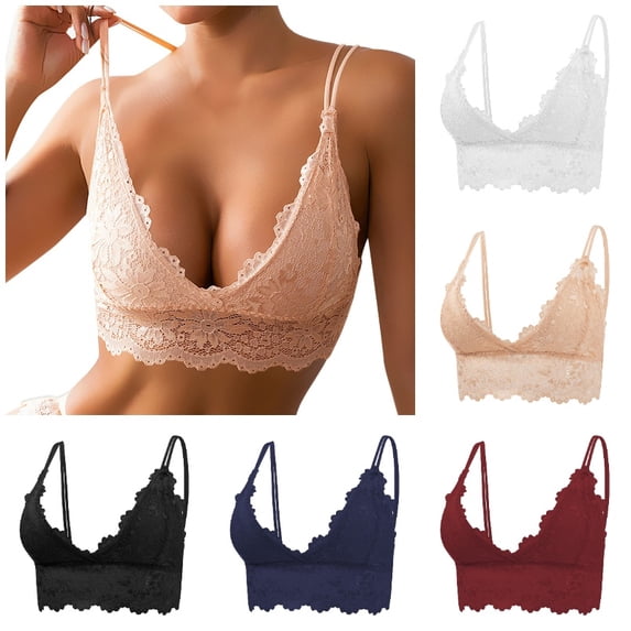Xijirk Women Wireless Lace Bralette with Double Thin Straps V Neck Floral Lace for Daily Loungewear,Beige,L