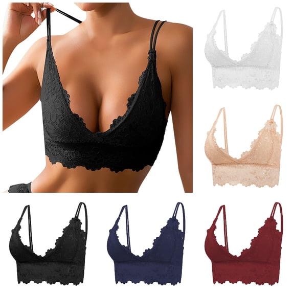 Xijirk Women Wireless Lace Bralette with Double Thin Straps V Neck Floral Lace for Daily Loungewear,Black,L