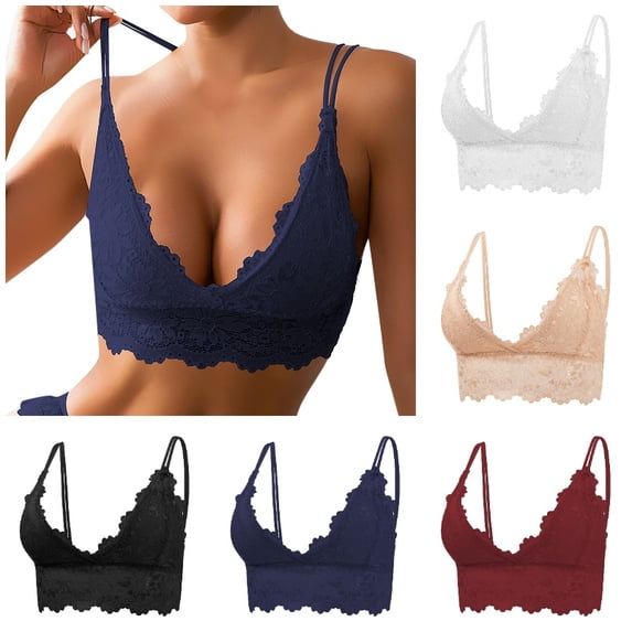 Xijirk Women Wireless Lace Bralette with Double Thin Straps V Neck Floral Lace for Daily Loungewear,Blue,XL
