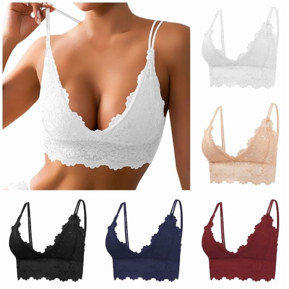 Xijirk Women Wireless Lace Bralette with Double Thin Straps V Neck Floral Lace for Daily Loungewear,White,XL