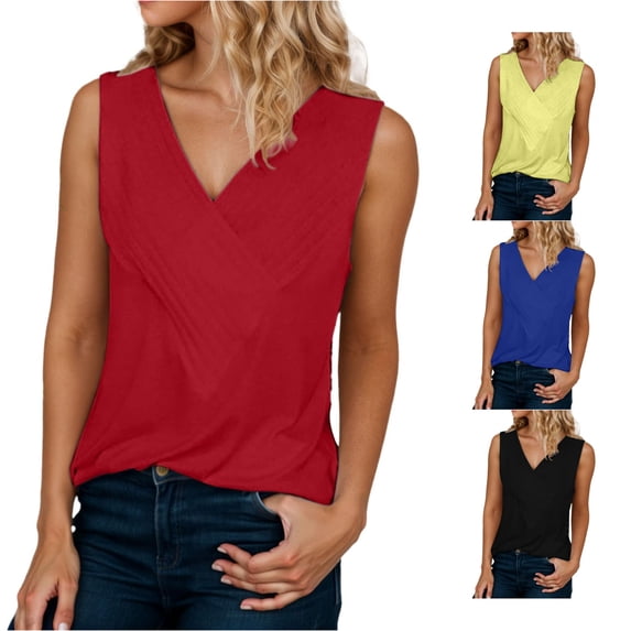 Xijirk Women Wrap V Neck Sleeveless Tank Top Loose Fit Casual Blouse for Summer Daily Outfit,Red,M
