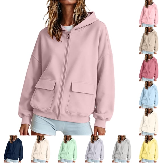 Xijirk Women Zip up Hoodie with Flap Patch Pockets Drawstring Hood Drop Shoulder Long Sleeve Oversized Fit Hooded Jacket for Casual Daily Street Loungewear Outfit,Light Pink,L