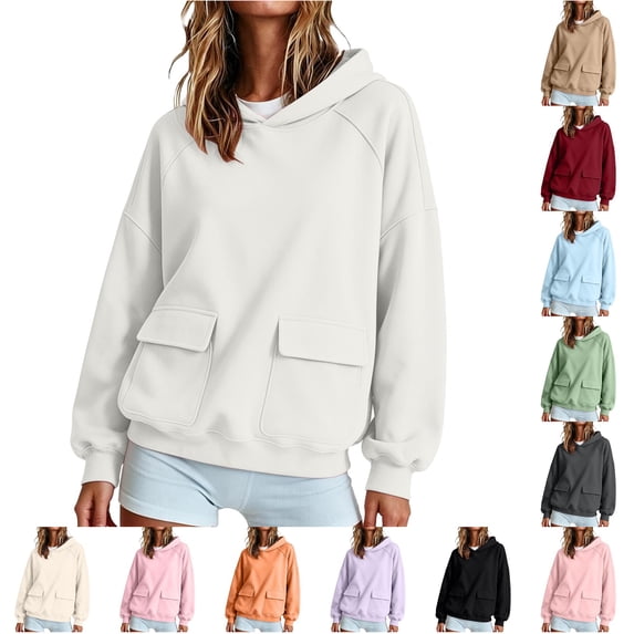 Xijirk Women Zip up Hoodie with Flap Patch Pockets Drawstring Hood Drop Shoulder Long Sleeve Oversized Fit Hooded Jacket for Casual Daily Street Loungewear Outfit,White,XXL