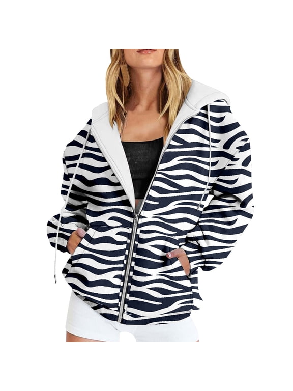 Xijirk Women Zip Up Hooded Sweatshirt with Zebra Print Drawstring Kangaroo Pocket Oversized Fit for Daily Street Casual Wear,Black,3XL