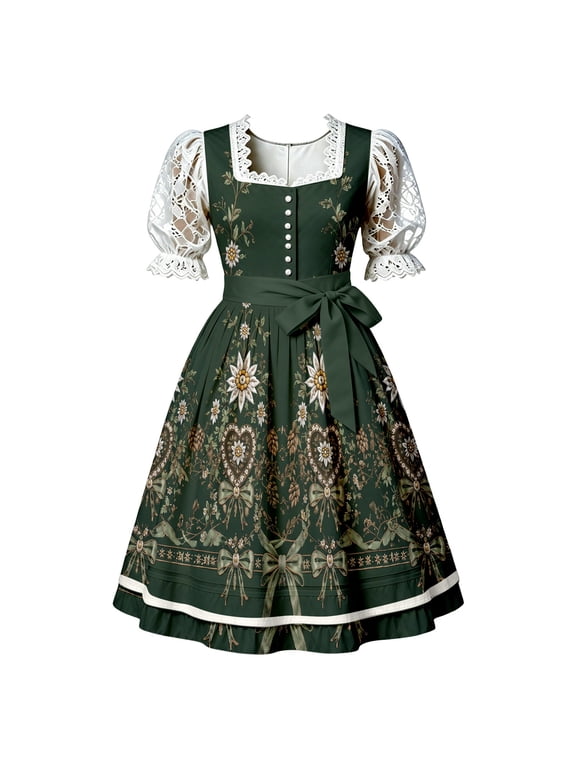 Xijirk Women's Bavarian Dirndl Dress Square Neck Floral Midi Bow Sash for Oktoberfest Party Cosplay,S