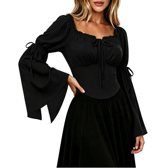 Xijirk Women's Corset Top Square Neck Ruched Front Tie Flared Split Long Sleeve Slim Fit Blouse for Party Daily Wear,L