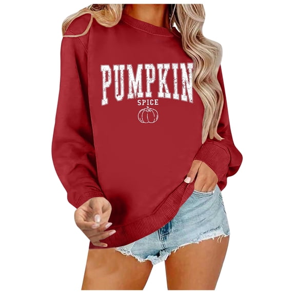 Xijirk Women's Crewneck Sweatshirt Pumpkin Spice Letter Pumpkin Print Long Sleeve Loose Fit Casual Pullover for Fall Daily Wear,L