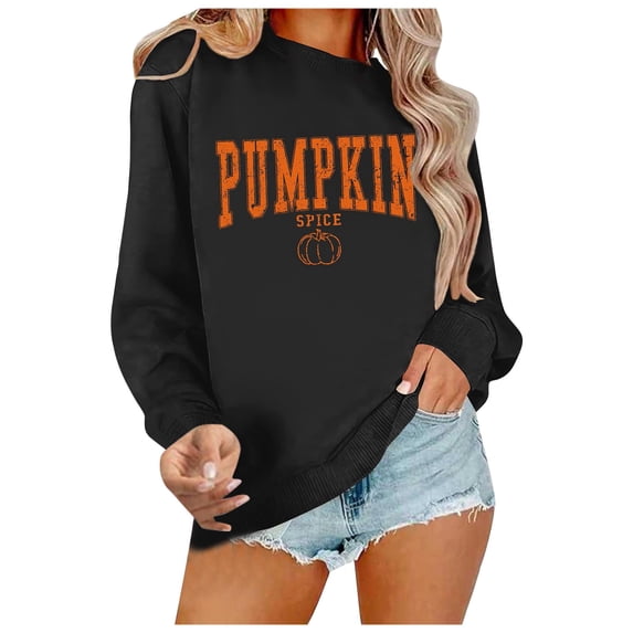 Xijirk Women's Crewneck Sweatshirt Pumpkin Spice Letter Pumpkin Print Long Sleeve Loose Fit Casual Pullover for Fall Daily Wear,L