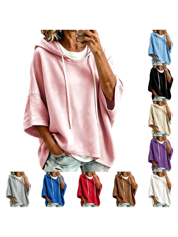 Xijirk Women's Cropped Short Sleeve Pullover Hoodie Drawstring Hood Drop Shoulder Oversized Boxy Fit Sweatshirt for Summer Spring Daily Casual Layering Outfits,Pink,XXL