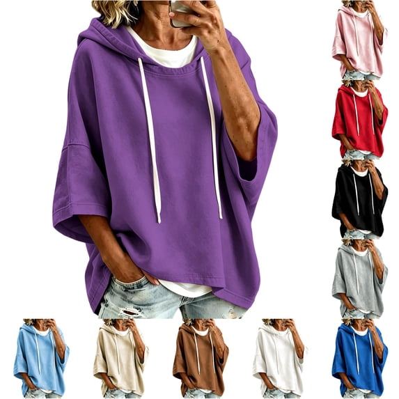 Xijirk Women's Cropped Short Sleeve Pullover Hoodie Drawstring Hood Drop Shoulder Oversized Boxy Fit Sweatshirt for Summer Spring Daily Casual Layering Outfits,Purple,M