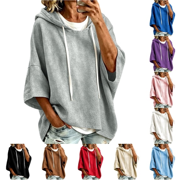 Xijirk Women's Cropped Short Sleeve Pullover Hoodie Drawstring Hood Drop Shoulder Oversized Boxy Fit Sweatshirt for Summer Spring Daily Casual Layering Outfits,Grey,XL