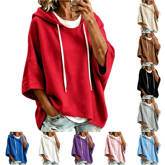 Xijirk Women's Cropped Short Sleeve Pullover Hoodie Drawstring Hood Drop Shoulder Oversized Boxy Fit Sweatshirt for Summer Spring Daily Casual Layering Outfits,Red,3XL