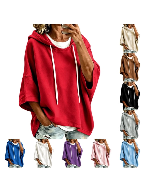 Xijirk Women's Cropped Short Sleeve Pullover Hoodie Drawstring Hood Drop Shoulder Oversized Boxy Fit Sweatshirt for Summer Spring Daily Casual Layering Outfits,Red,M