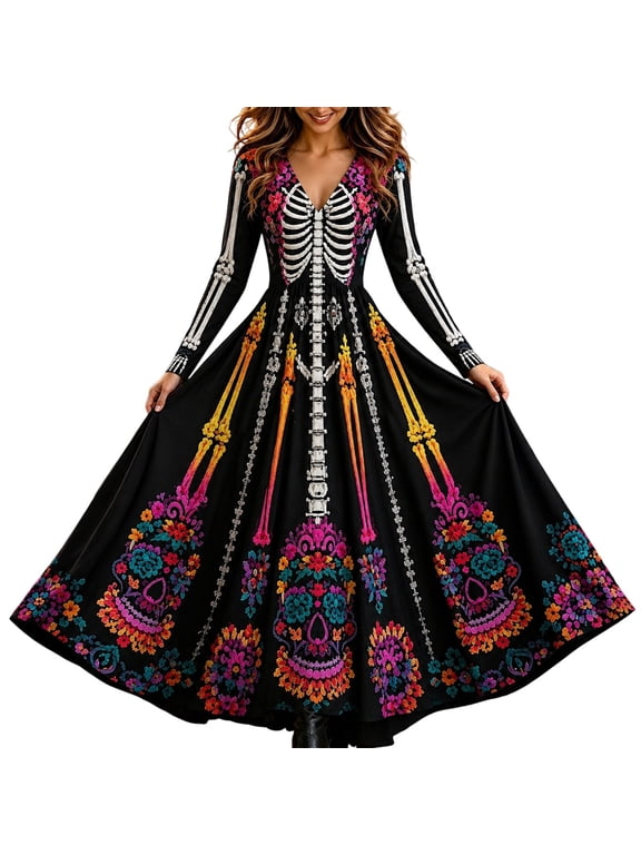 Xijirk Women's Day of The Dead Maxi Dress V Neck Long Sleeve Skeleton Floral Print A Line Flared Cosplay Gown for Halloween Fiesta Party,M