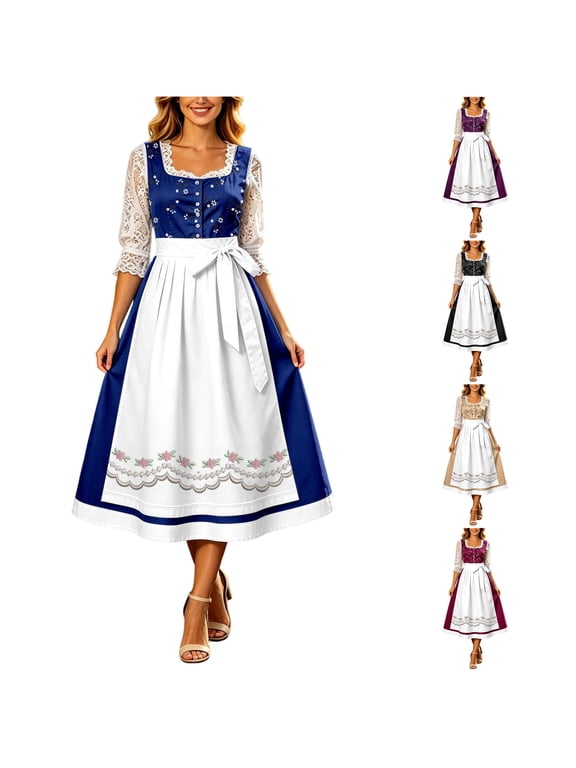 Xijirk Women's Dirndl Dress Traditional Bavarian Lace 3/4 Sleeve Floral Embroidery Midi Apron for Oktoberfest Halloween Party,XL
