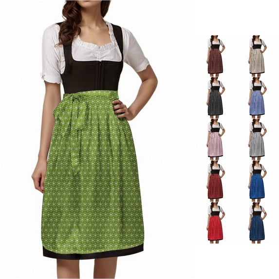 Xijirk Women's Dirndl Dress Traditional Bavarian Short Sleeve Grid Floral Print Midi Apron Costume for Oktoberfest Cosplay Theme Party,M
