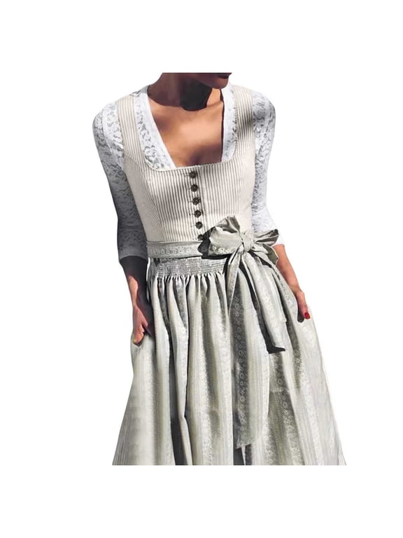 Xijirk Women's Dirndl Dress Traditional Bavarian Square Neck Button Front Lace 3/4 Sleeve Maxi Bow Sash for Oktoberfest Themed Party Cosplay,XXL