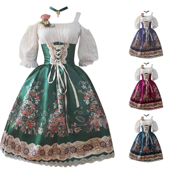 Xijirk Women's Dirndl Dress Traditional Bavarian Square Neck Lace Up Front Cold Shoulder Puff Half Sleeve Floral Print Midi Floral Decor for Oktoberfest Themed Party Cosplay,S