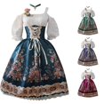 thumbnail image 1 of Xijirk Women's Dirndl Dress Traditional Bavarian Square Neck Lace Up Front Cold Shoulder Puff Half Sleeve Floral Print Midi Floral Decor for Oktoberfest Themed Party Cosplay,L, 1 of 3