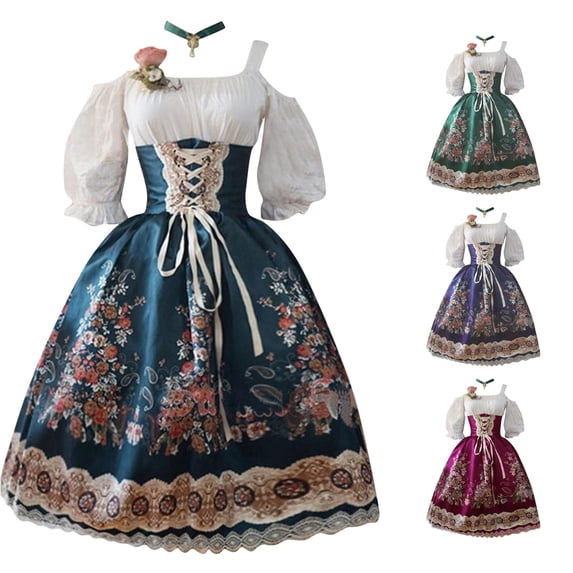 Xijirk Women's Dirndl Dress Traditional Bavarian Square Neck Lace Up Front Cold Shoulder Puff Half Sleeve Floral Print Midi Floral Decor for Oktoberfest Themed Party Cosplay,L