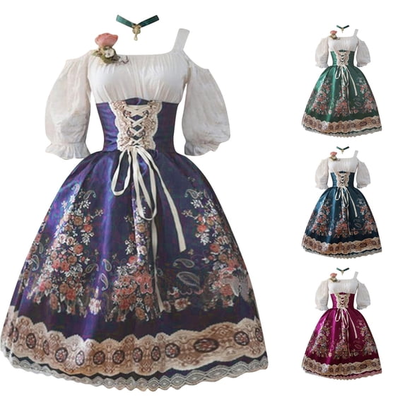 Xijirk Women's Dirndl Dress Traditional Bavarian Square Neck Lace Up Front Cold Shoulder Puff Half Sleeve Floral Print Midi Floral Decor for Oktoberfest Themed Party Cosplay,S
