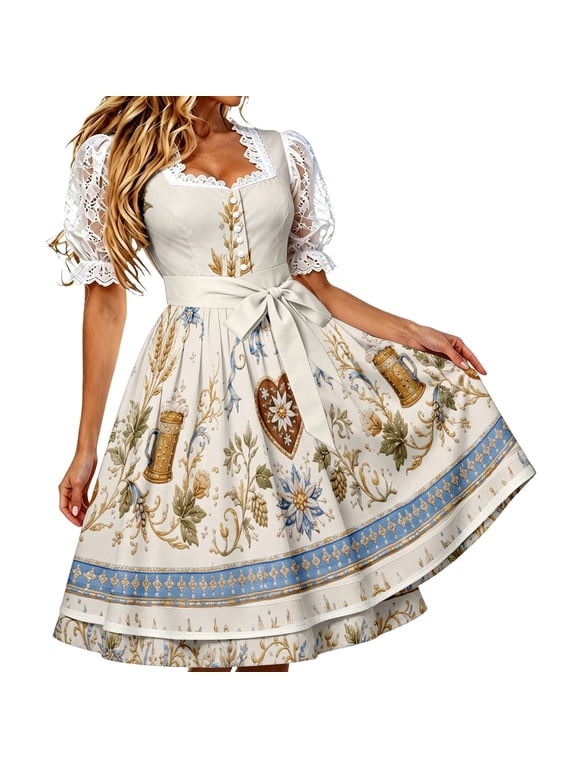 Xijirk Women's Dirndl Dress Traditional Bavarian Square Neck Lace Puff Short Sleeve Floral Print Midi Bow Sash for Oktoberfest Themed Party Cosplay,L