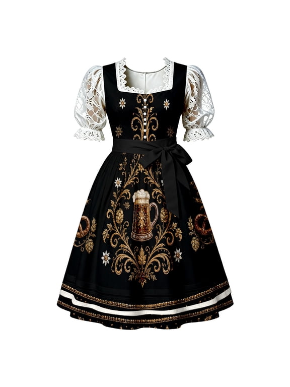 Xijirk Women's Dirndl Dress Traditional Bavarian Square Neck Lace Puff Short Sleeve Pattern Midi Bow Sash for Oktoberfest Themed Party Cosplay,S