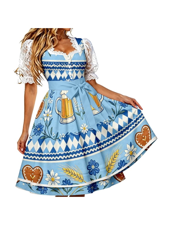 Xijirk Women's Dirndl Dress Traditional Bavarian Square Neck Lace Puff Short Sleeve Pretzel Wheat Floral Print Midi Bow Sash for Oktoberfest Themed Party Cosplay,S