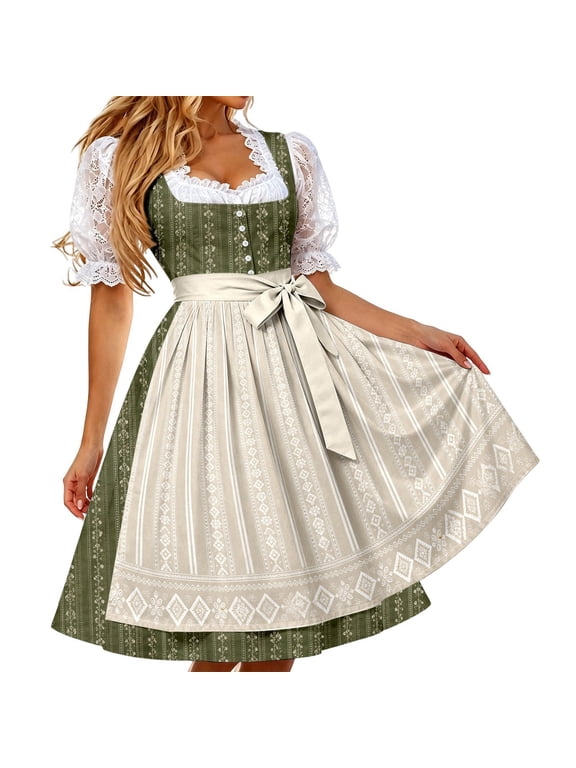 Xijirk Women's Dirndl Dress Traditional Bavarian Square Neck Lace Puff Sleeve Vertical Line Geometric Diamond Midi Bow Sash for Oktoberfest Themed Party Cosplay,S