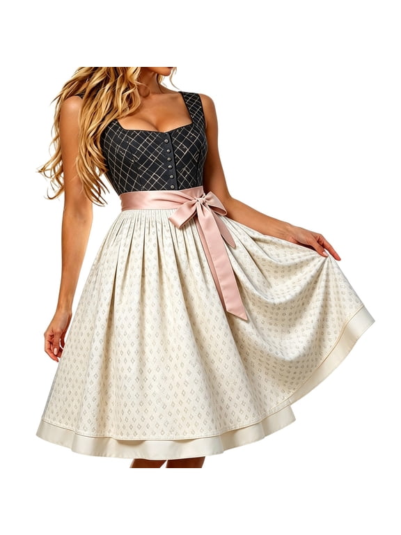 Xijirk Women's Dirndl Dress Traditional Bavarian Square Neck Sleeveless Diamond Grid Jacquard Midi Bow Sash for Oktoberfest Themed Party Cosplay,S