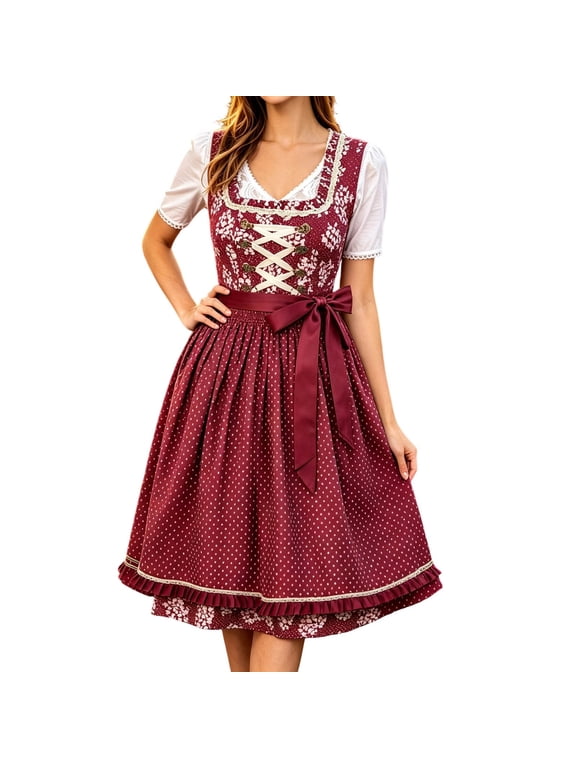Xijirk Women's Dirndl Dress Traditional Bavarian V Neck Lace Lace Up Bodice Floral Dot Print Midi Bow Sash for Oktoberfest Themed Party Cosplay,S