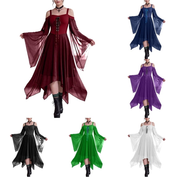Xijirk Women's Gothic Witch Cosplay Dress Off Shoulder Spaghetti Strap Front Lace Up Flowy Irregular Hem Long Dress for Halloween Party Role Play,2Red,3XL