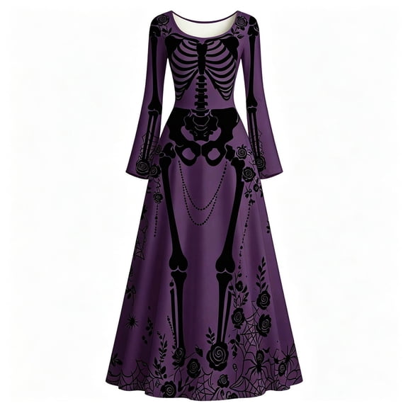 Xijirk Women's Halloween Crew Neck Flare Long Sleeve Maxi Dress Skeleton Rose Spider Web Print Gown for Halloween Party,5XL