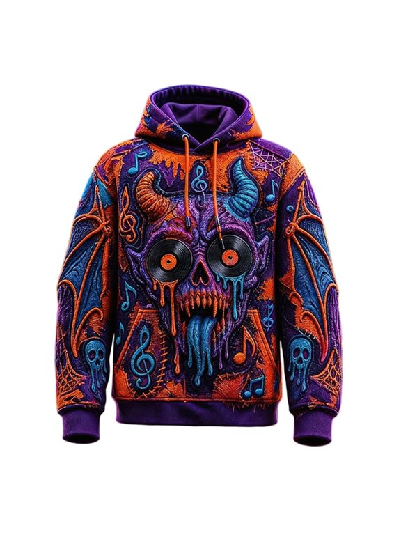 Xijirk Women's Halloween Hoodie Demon Skull Record Musical Note Spider Web Bat Graphic Loose Long Sleeve Pullover Hooded Sweatshirt for Daily Halloween,S