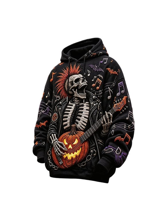 Xijirk Women's Halloween Hoodie Punk Skeleton Pumpkin Guitar Musical Note Bat Graphic Loose Long Sleeve Pullover Hooded Sweatshirt for Daily Casual Wear,S